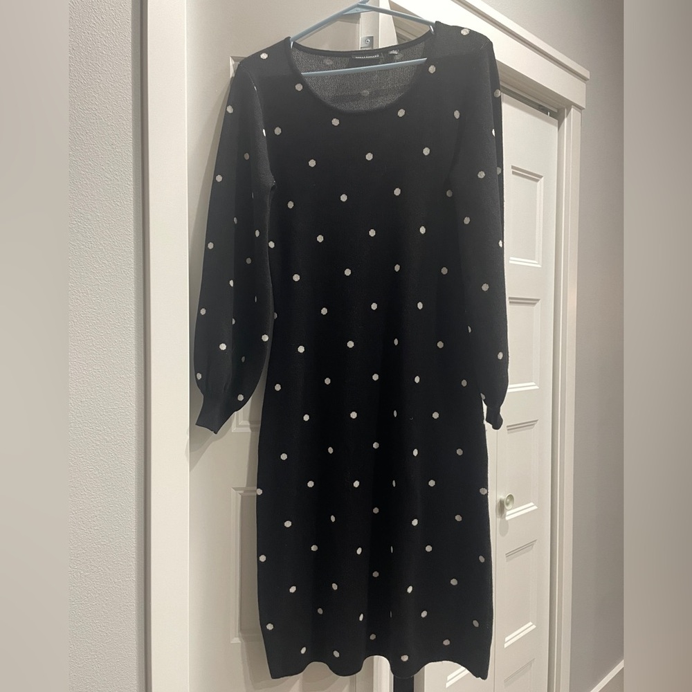 Nina‎ Leonard Black and White Polka Dot Sweater Dress with Bishop Sleeves Small